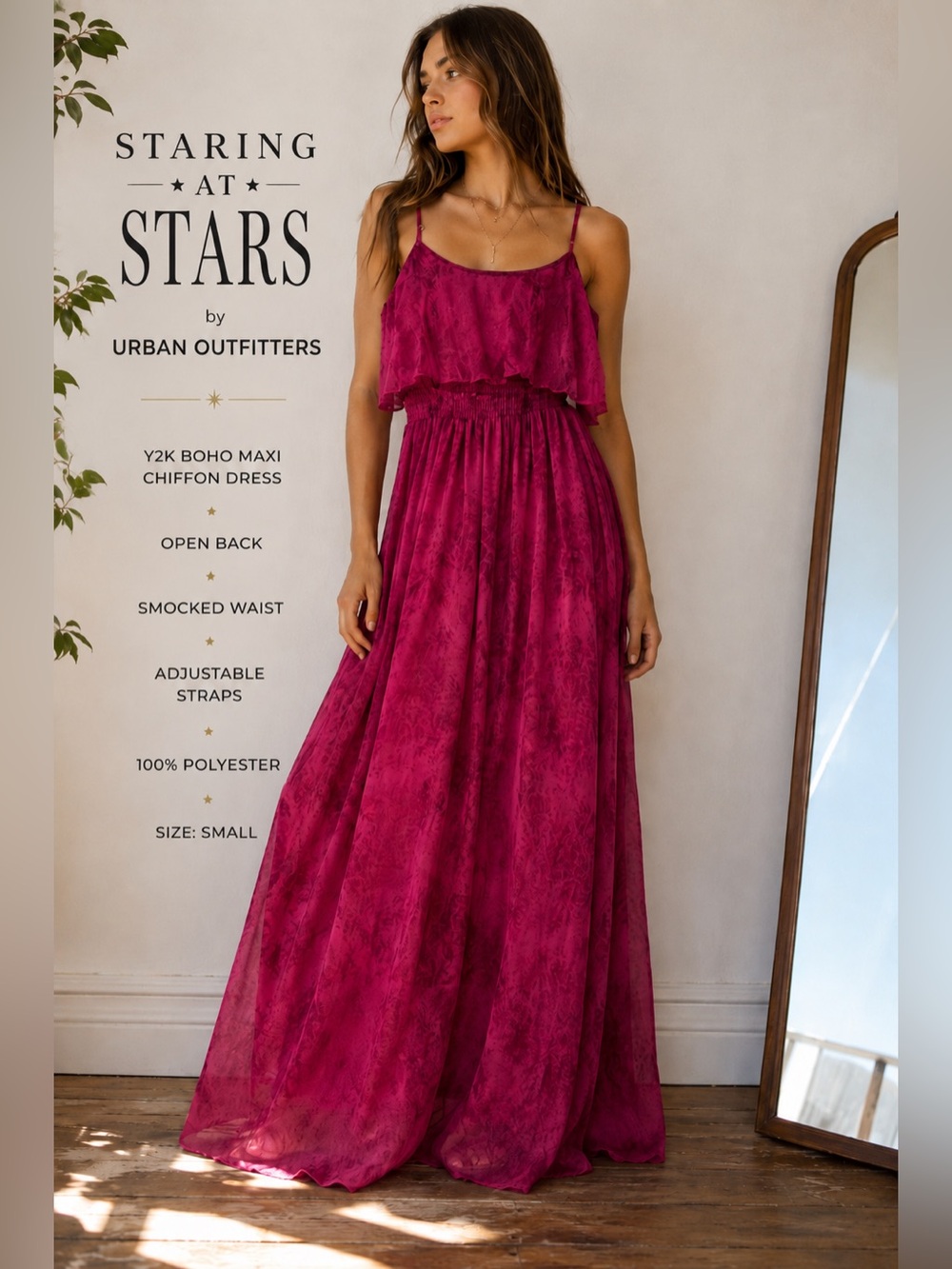 Staring at Stars UO Fuchsia Pink Maxi Dress Small Chiffon Euro Summer Boho B6